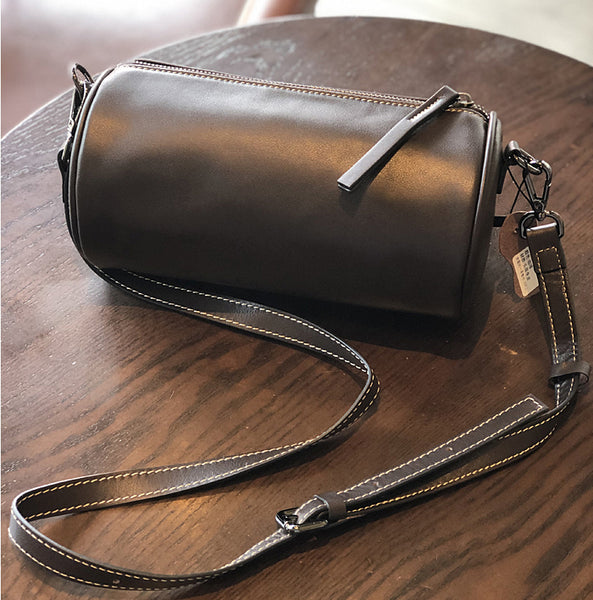 Retro Women's Soft Cowhide Crossbody Purse Genuine Leather Barrel Bag Classy