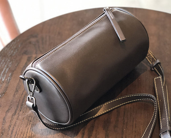 Retro Women's Soft Cowhide Crossbody Purse Genuine Leather Barrel Bag Designer