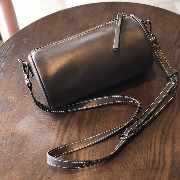Retro Women's Soft Cowhide Crossbody Purse Genuine Leather Barrel Bag Minimalist
