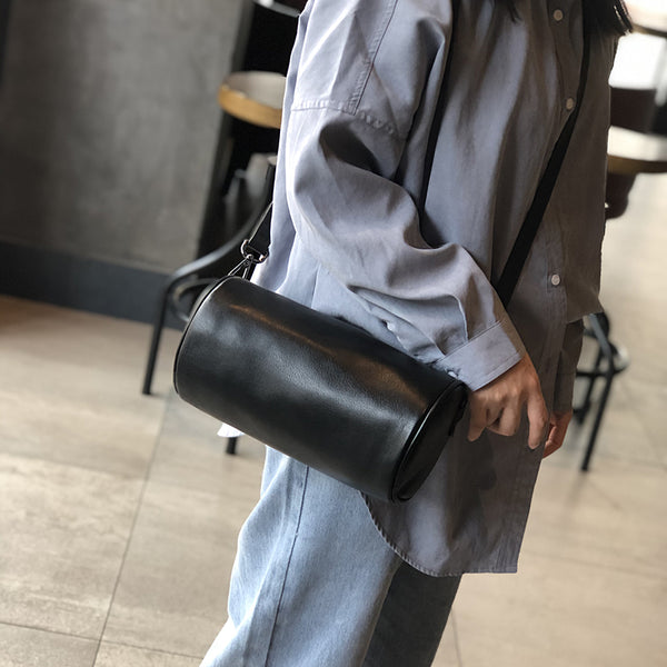 Retro Women's Soft Cowhide Crossbody Purse Genuine Leather Barrel Bag Stylish