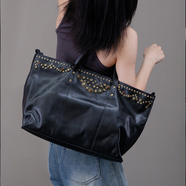 Rivet Studded Womens Genuine Leather Tote Bag Leather Shoulder Bags For Ladies Affordable