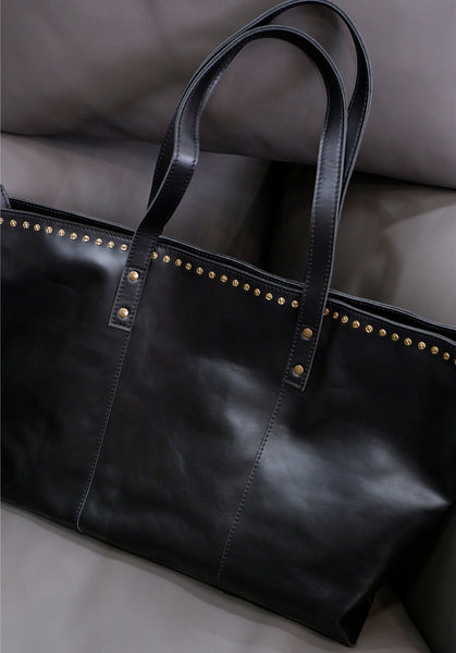 Rivet Studded Womens Genuine Leather Tote Bag Leather Shoulder Bags For Ladies Classic