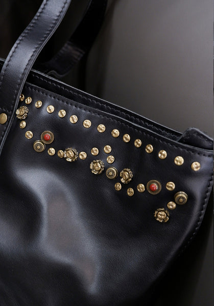 Rivet Studded Womens Genuine Leather Tote Bag Leather Shoulder Bags For Ladies Cool