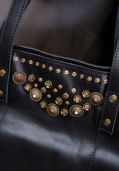 Rivet Studded Womens Genuine Leather Tote Bag Leather Shoulder Bags For Ladies Cowhide