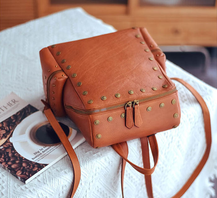 brown leather studded backpack Vintage Women's Small Leather Backpack Purse Ladies Brown Leather Rucksack
