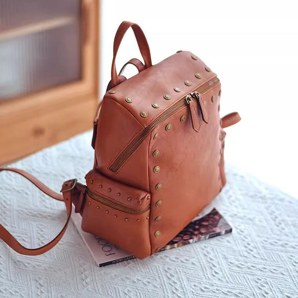 Vintage Women's Small Leather Backpack Purse Ladies Brown Leather Rucksack