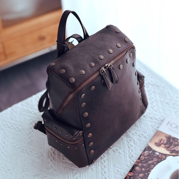 brown leather backpack purse for sale Rivets Ladies Genuine Leather Backpack Purse Ladies Small Leather Rucksack
