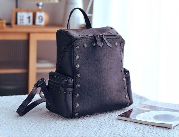 Cool Small Women's Black Leather Backpack Purse Ladies Black Leather Rucksack