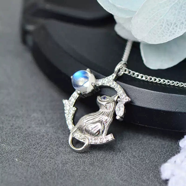 Silver Cat And Blue Moonstone Pendant Necklace For Women