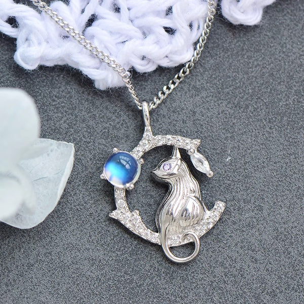 Silver Cat And Blue Moonstone Pendant Necklace For Women Classic