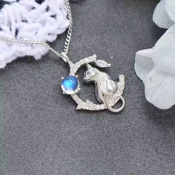 Silver Cat And Blue Moonstone Pendant Necklace For Women Classy