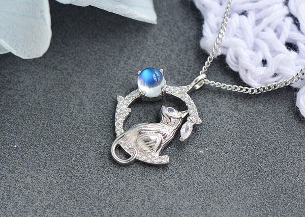 Silver Cat And Blue Moonstone Pendant Necklace For Women Gift-idea