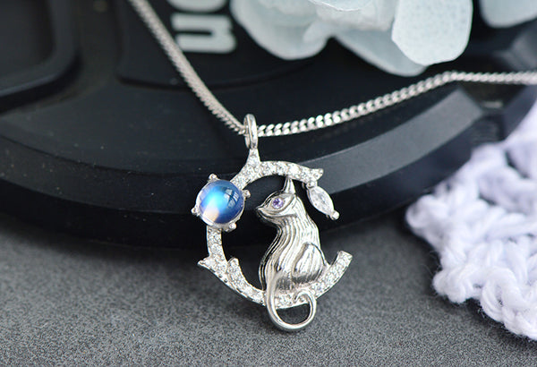 Silver Cat And Blue Moonstone Pendant Necklace For Women Gift