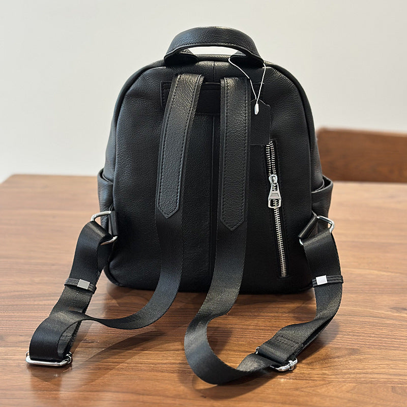 black vintage leather backpack woman Small Black Leather Backpack for Women Vintage Multi Pocket Cowhide Daypack – igemstonejewelry