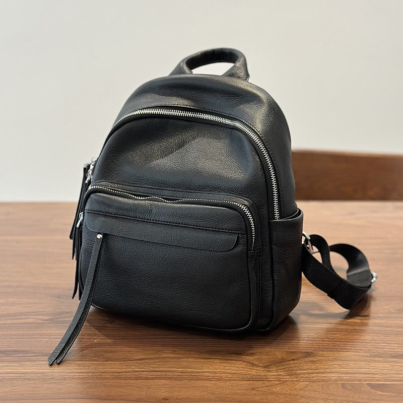 backpack purse mini multi pocket Small Black Leather Backpack for Women Vintage Multi Pocket Cowhide Daypack – igemstonejewelry