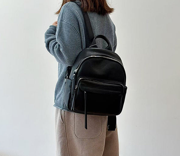 Small Black Leather Backpack for Women Vintage Multi Pocket Cowhide Daypack – igemstonejewelry
