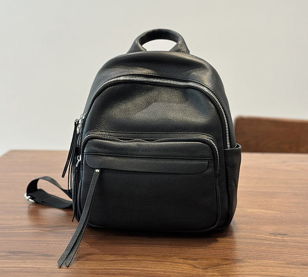 classy black leather backpack Small Black Leather Backpack for Women Vintage Multi Pocket Cowhide Daypack – igemstonejewelry