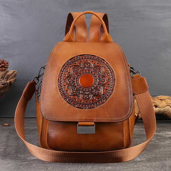 Small Genuine Leather Backpack for Women Vintage Embossed Convertible Bag Affordable