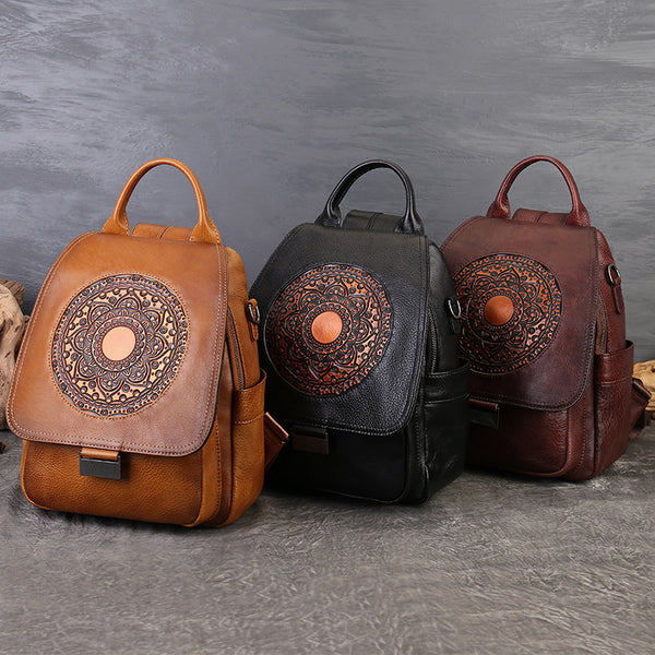 Small Genuine Leather Backpack for Women Vintage Embossed Convertible Bag