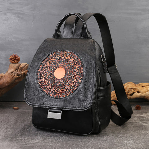 Small Genuine Leather Backpack for Women Vintage Embossed Convertible Bag