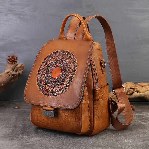 Vintage Embossed Leather Backpack Small Convertible Shoulder Bag for Women