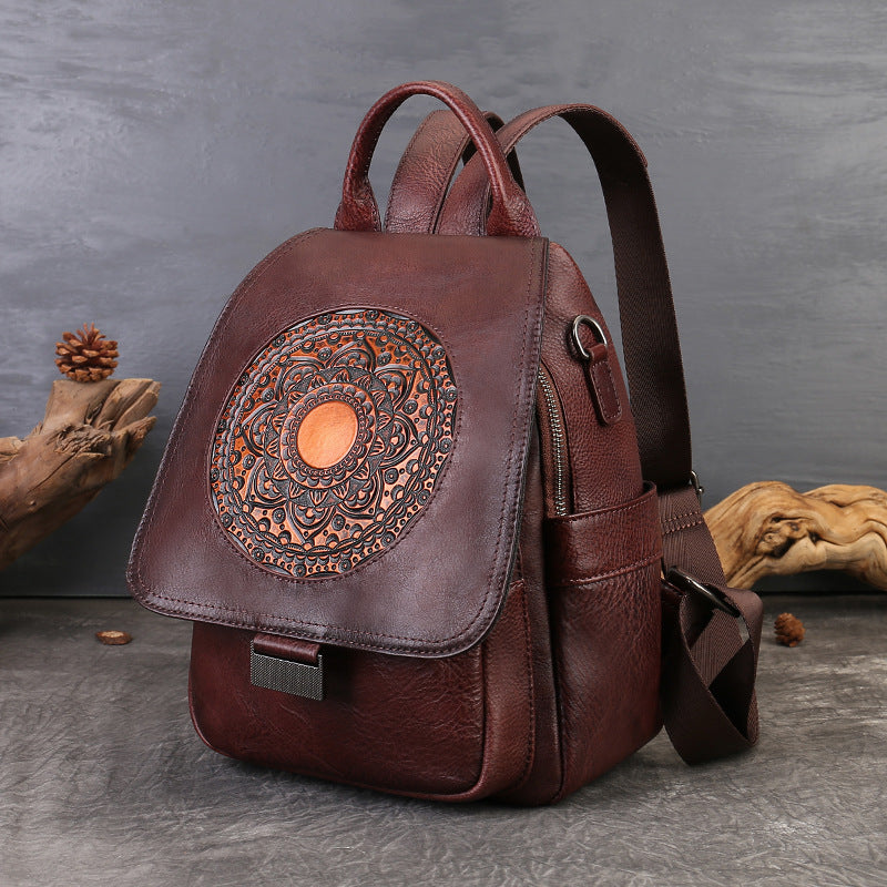 Vintage Embossed Leather Backpack Small Convertible Shoulder Bag for Women