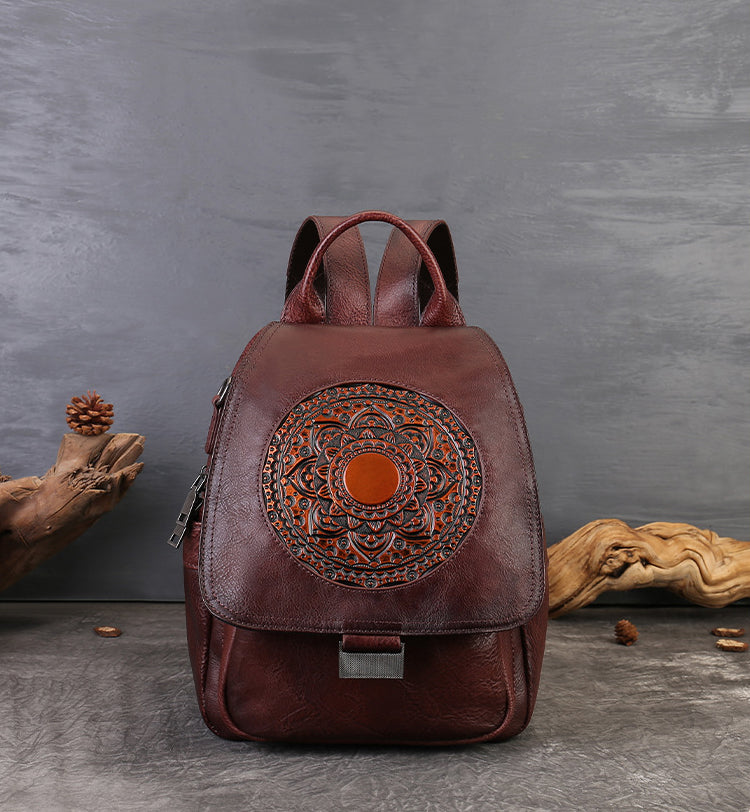 Vintage Embossed Leather Backpack Small Convertible Shoulder Bag for Women