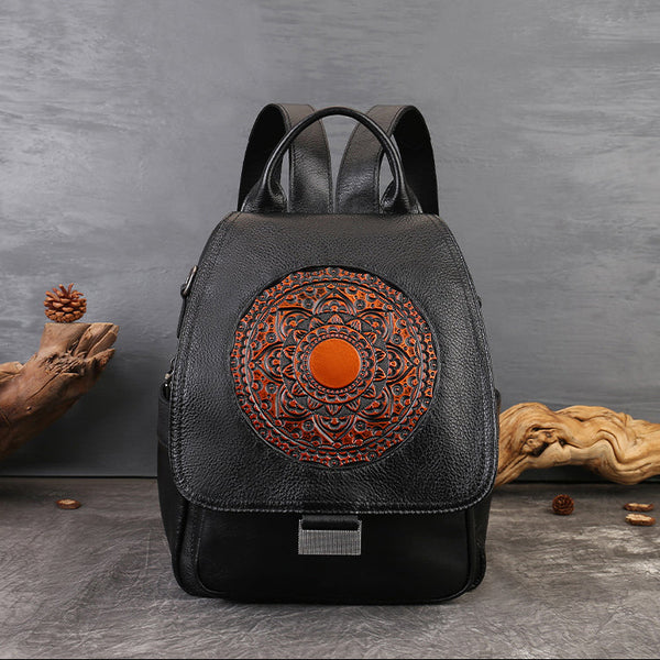 Small Genuine Leather Backpack for Women Vintage Embossed Convertible Bag