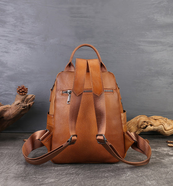 Small Genuine Leather Backpack for Women Vintage Embossed Convertible Bag