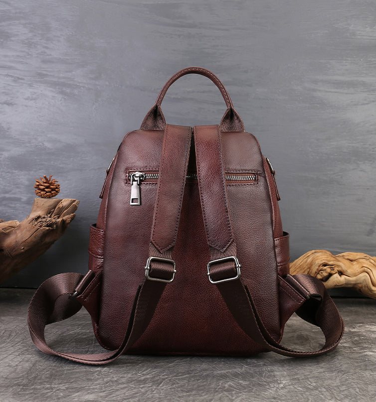 Vintage Embossed Leather Backpack Small Convertible Shoulder Bag for Women