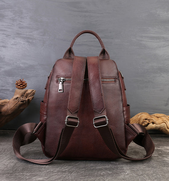Small Genuine Leather Backpack for Women Vintage Embossed Convertible Bag