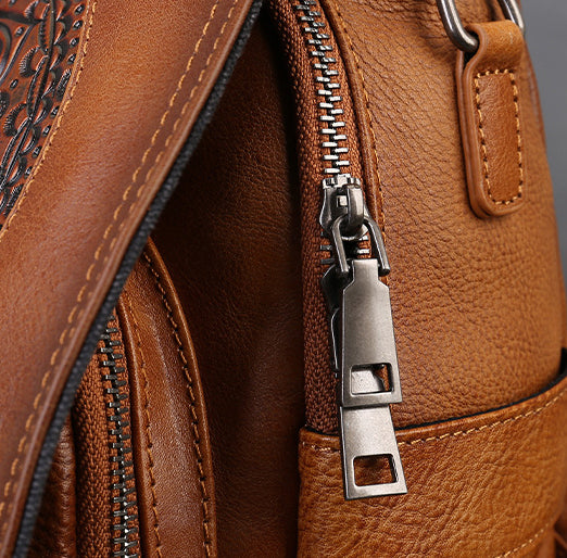 Small Genuine Leather Backpack for Women Vintage Embossed Convertible Bag