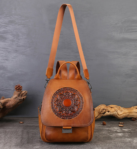 Small Genuine Leather Backpack for Women Vintage Embossed Convertible Bag