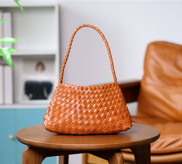 Small Handmade Woven Top-Grain Leather Shoulder Bag for Women Underarm Purse with Inner Pouch