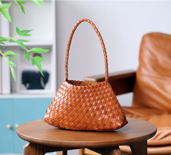 Small Handmade Woven Top-Grain Leather Shoulder Bag for Women Underarm Purse with Inner Pouch Beautiful