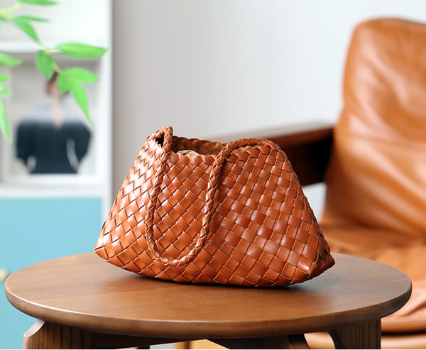 Small Handmade Woven Top-Grain Leather Shoulder Bag for Women Underarm Purse with Inner Pouch Brown