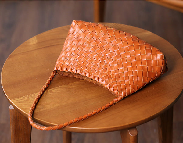 Small Handmade Woven Top-Grain Leather Shoulder Bag for Women Underarm Purse with Inner Pouch Casual