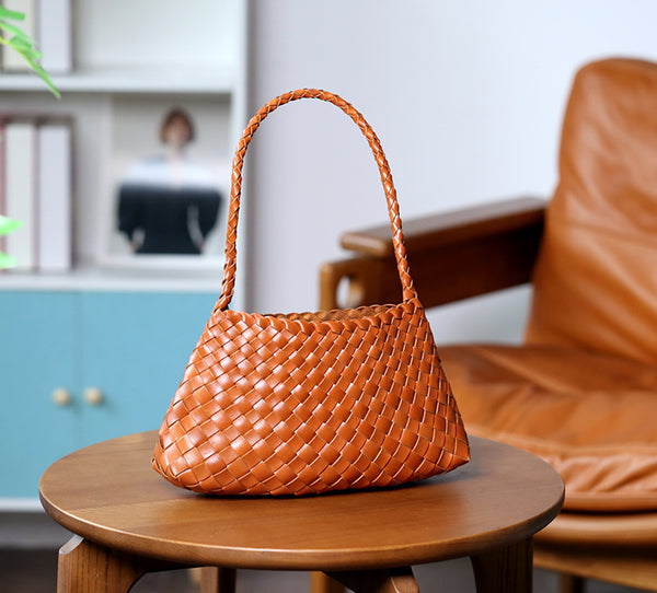 Small Handmade Woven Top-Grain Leather Shoulder Bag for Women Underarm Purse with Inner Pouch Chic