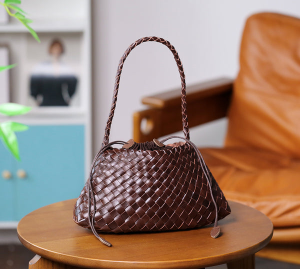 Small Handmade Woven Top-Grain Leather Shoulder Bag for Women Underarm Purse with Inner Pouch Classic