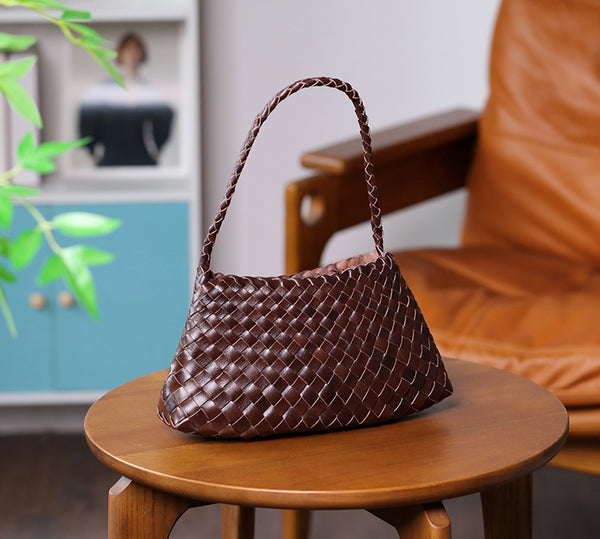 Small Handmade Woven Top-Grain Leather Shoulder Bag for Women Underarm Purse with Inner Pouch Classy