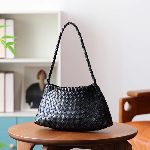 Small Handmade Woven Top-Grain Leather Shoulder Bag for Women Underarm Purse with Inner Pouch Cute