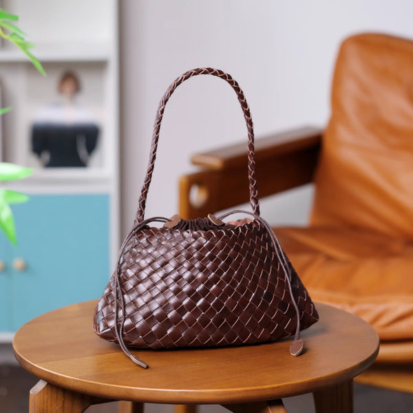 Small Handmade Woven Top-Grain Leather Shoulder Bag for Women Underarm Purse with Inner Pouch Designer