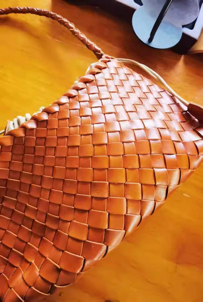 Small Handmade Woven Top-Grain Leather Shoulder Bag for Women Underarm Purse with Inner Pouch Genuine-Leather