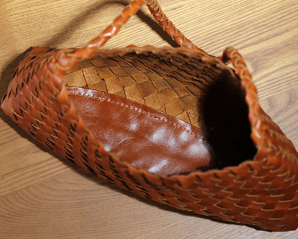 Small Handmade Woven Top-Grain Leather Shoulder Bag for Women Underarm Purse with Inner Pouch Gift