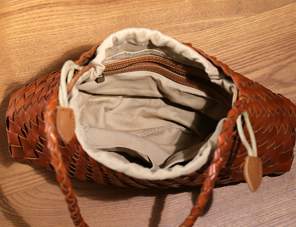 Small Handmade Woven Top-Grain Leather Shoulder Bag for Women Underarm Purse with Inner Pouch Handmade