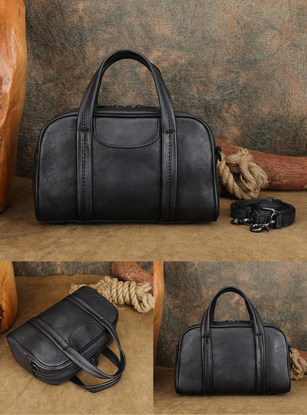 Small Leather Handbag for Women Genuine Cowhide Top Handle Shoulder Bag Black