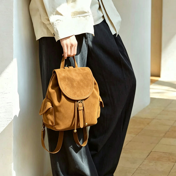 Small Suede Backpack for Women Vintage Brown Leather-Trimmed Drawstring Daypack