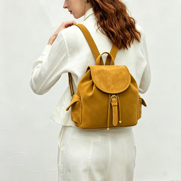 Small Suede Backpack for Women Vintage Brown Leather-Trimmed Drawstring Daypack Beautiful
