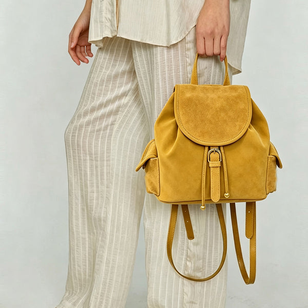 Small Suede Backpack for Women Vintage Brown Leather-Trimmed Drawstring Daypack Best