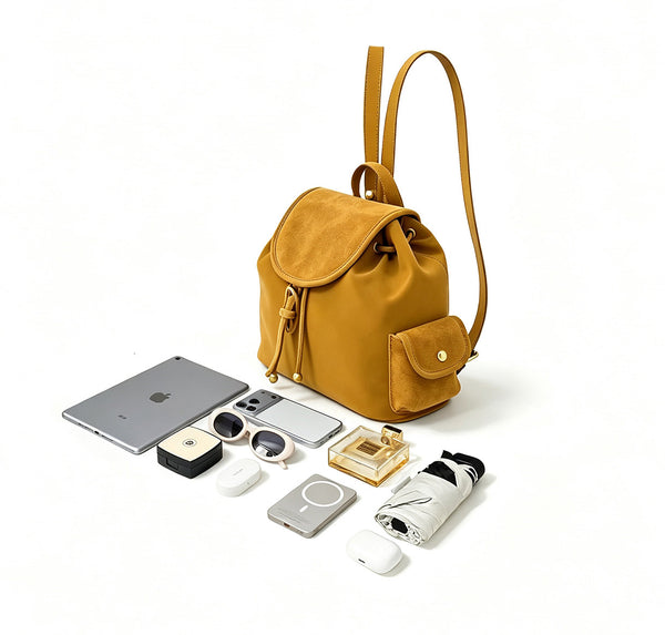 Small Suede Backpack for Women Vintage Brown Leather-Trimmed Drawstring Daypack Capacity